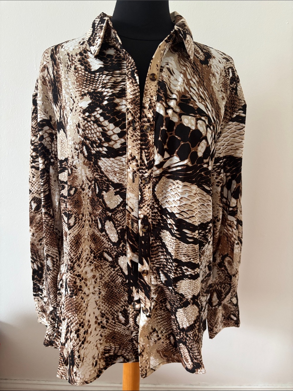 SHEIN Brown and Black Snake Print Button-Front Blouse